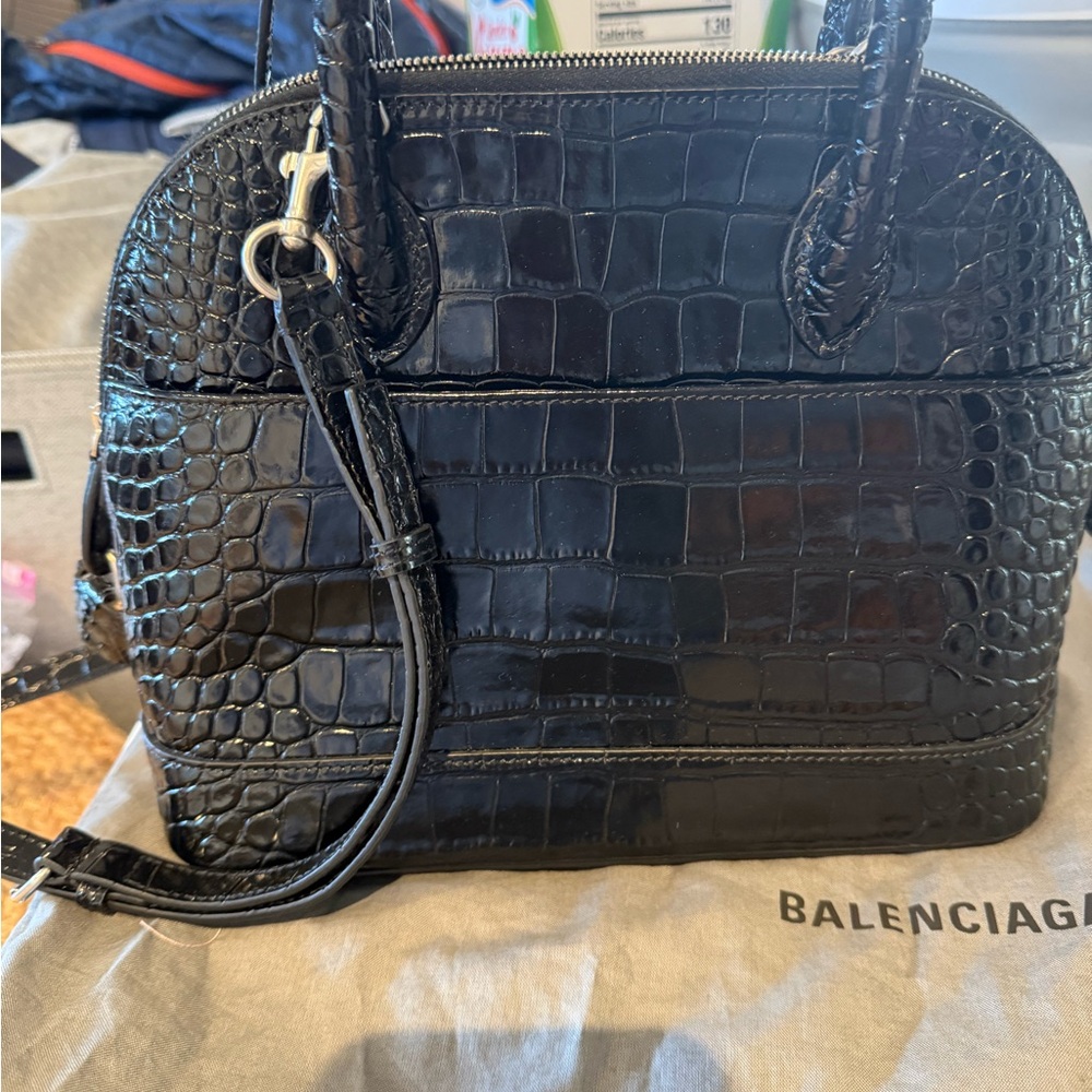 Balenciaga Black Croc-Embossed Satchel